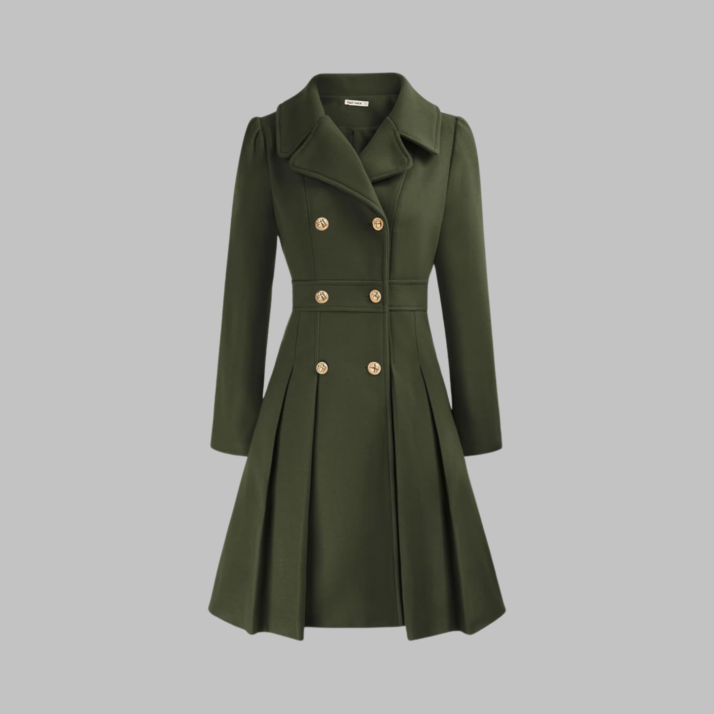 Women's grey-blue double-breasted longline coat with tailored lines
