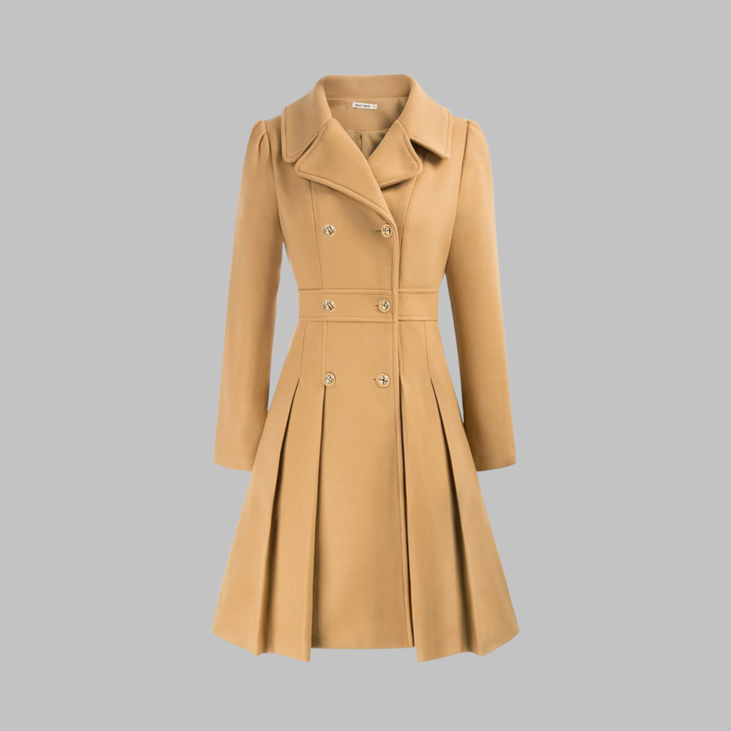 Women's Double-Breasted Pleated Fit-And-Flare Coat With Long Sleeves