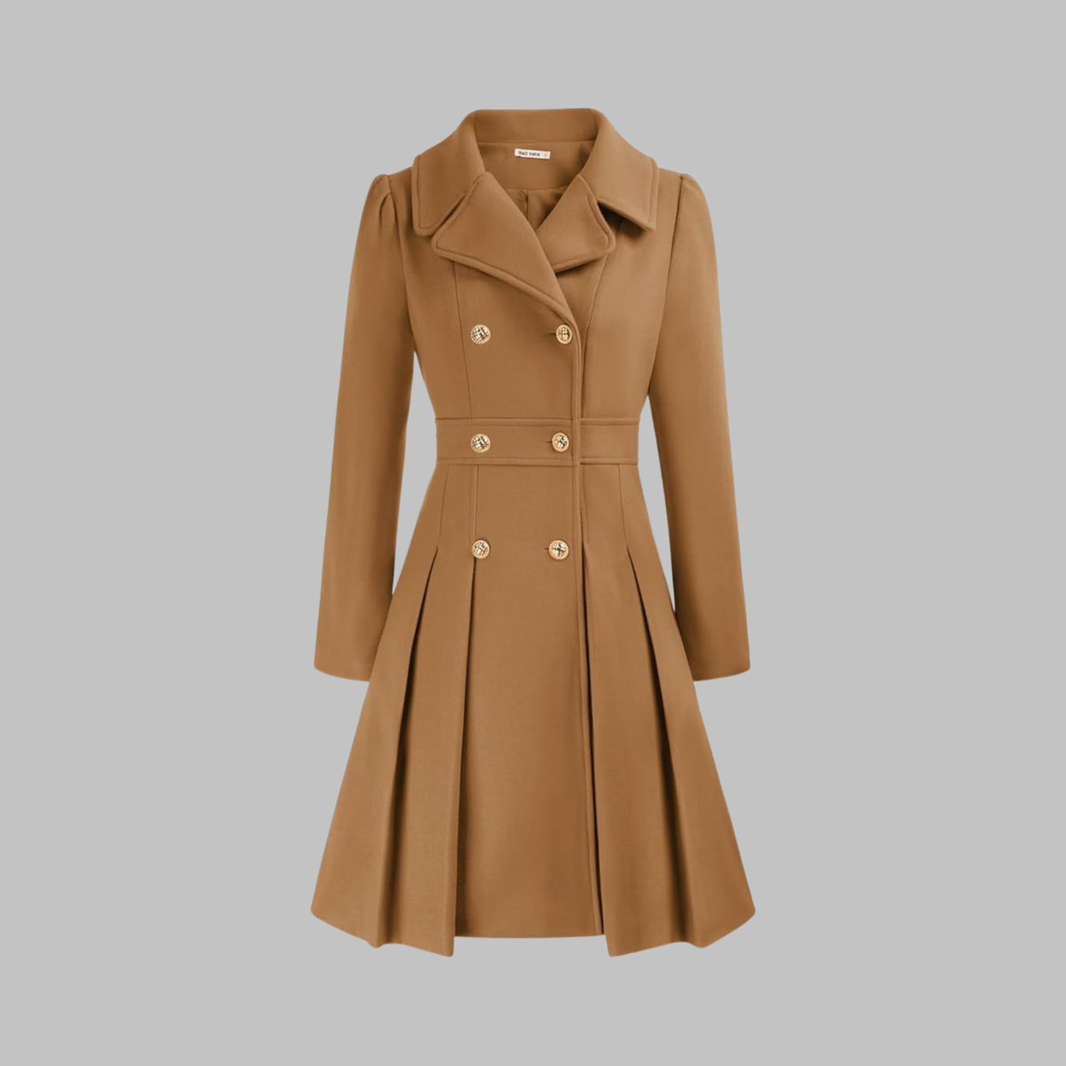 Women's Double-Breasted Pleated Fit-And-Flare Coat With Long Sleeves