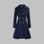 Women's deep red double-breasted longline coat with tailored lines