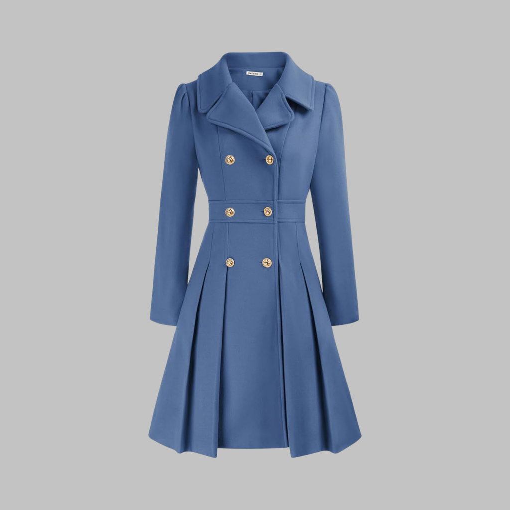 Women's deep red double-breasted longline coat with tailored lines