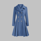 Women's deep red double-breasted longline coat with tailored lines