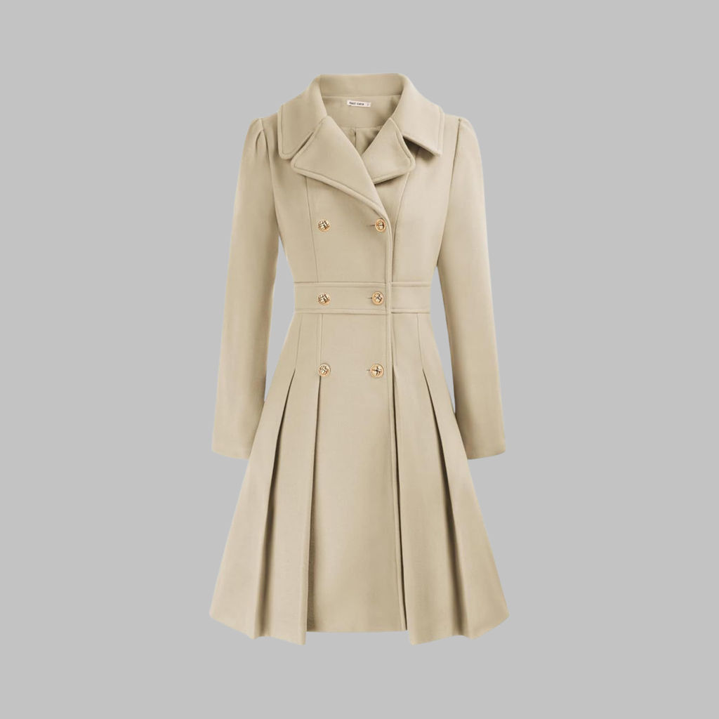 Women's Double-Breasted Pleated Fit-And-Flare Coat With Long Sleeves