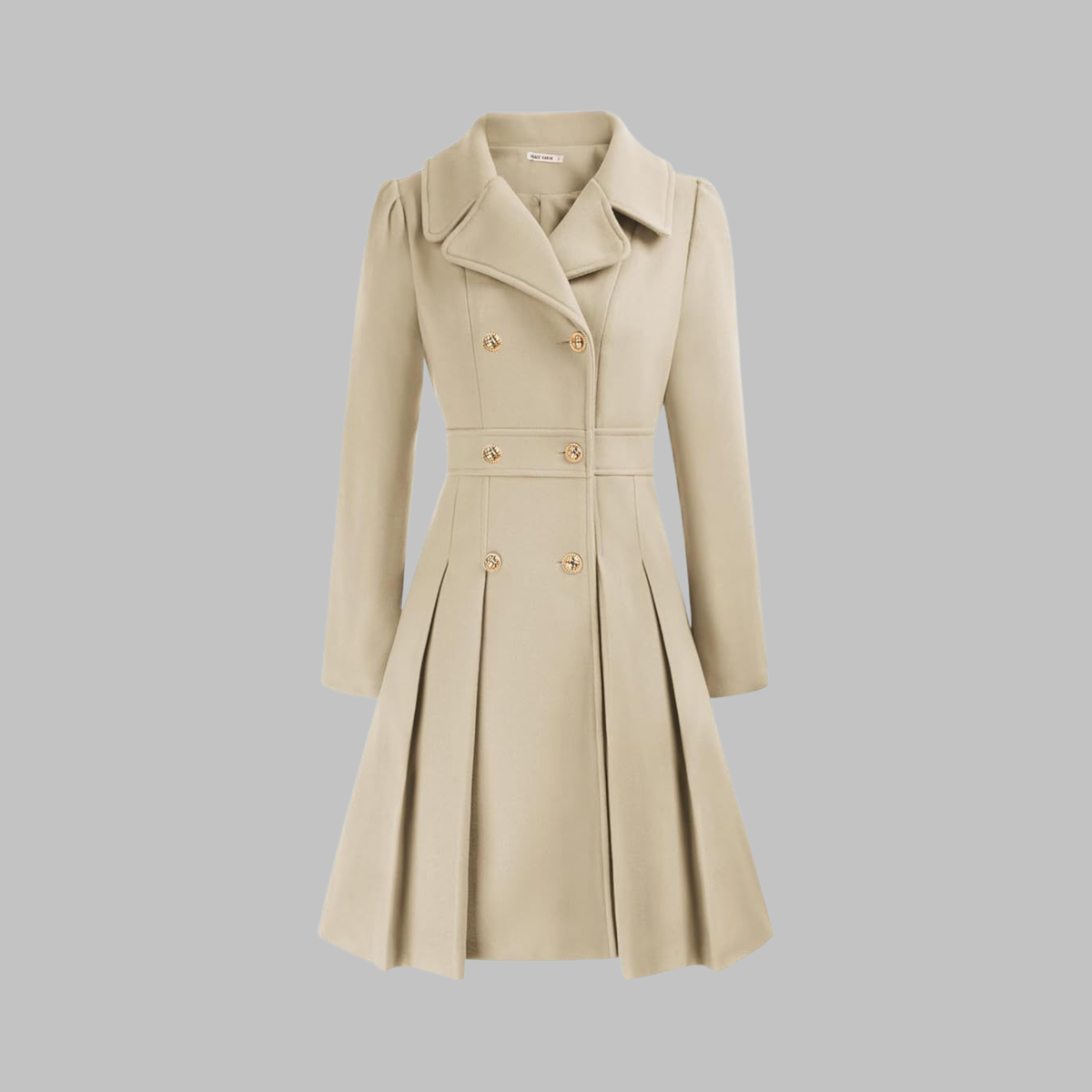 Women's Double-Breasted Pleated Fit-And-Flare Coat With Long Sleeves