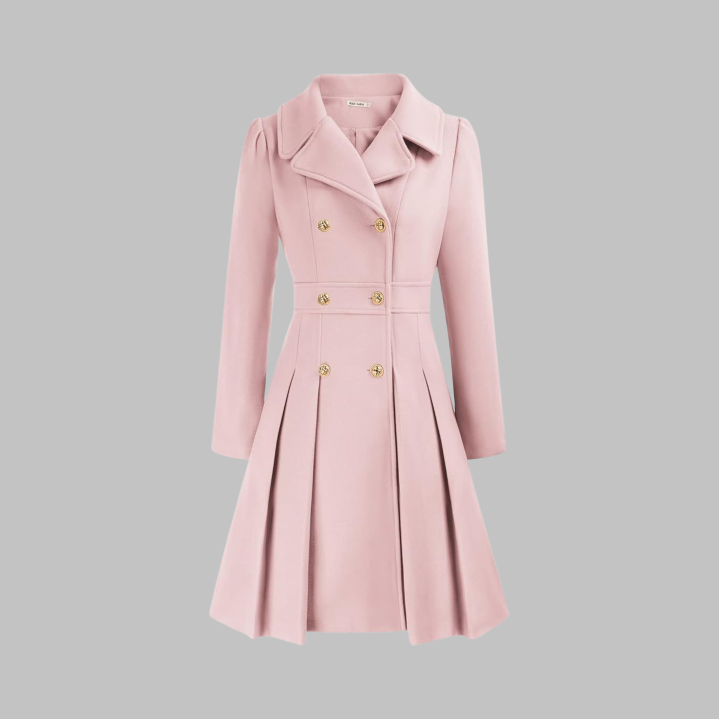 Women's camel double-breasted longline coat with tailored lines