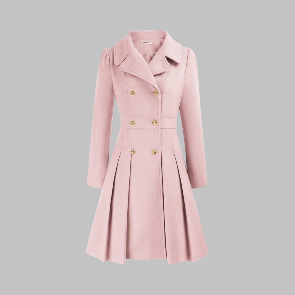 Women's Double-Breasted Pleated Fit-And-Flare Coat With Long Sleeves