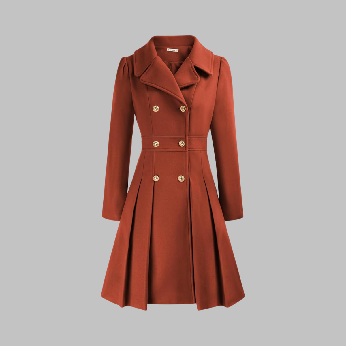Women's camel double-breasted longline coat with tailored lines