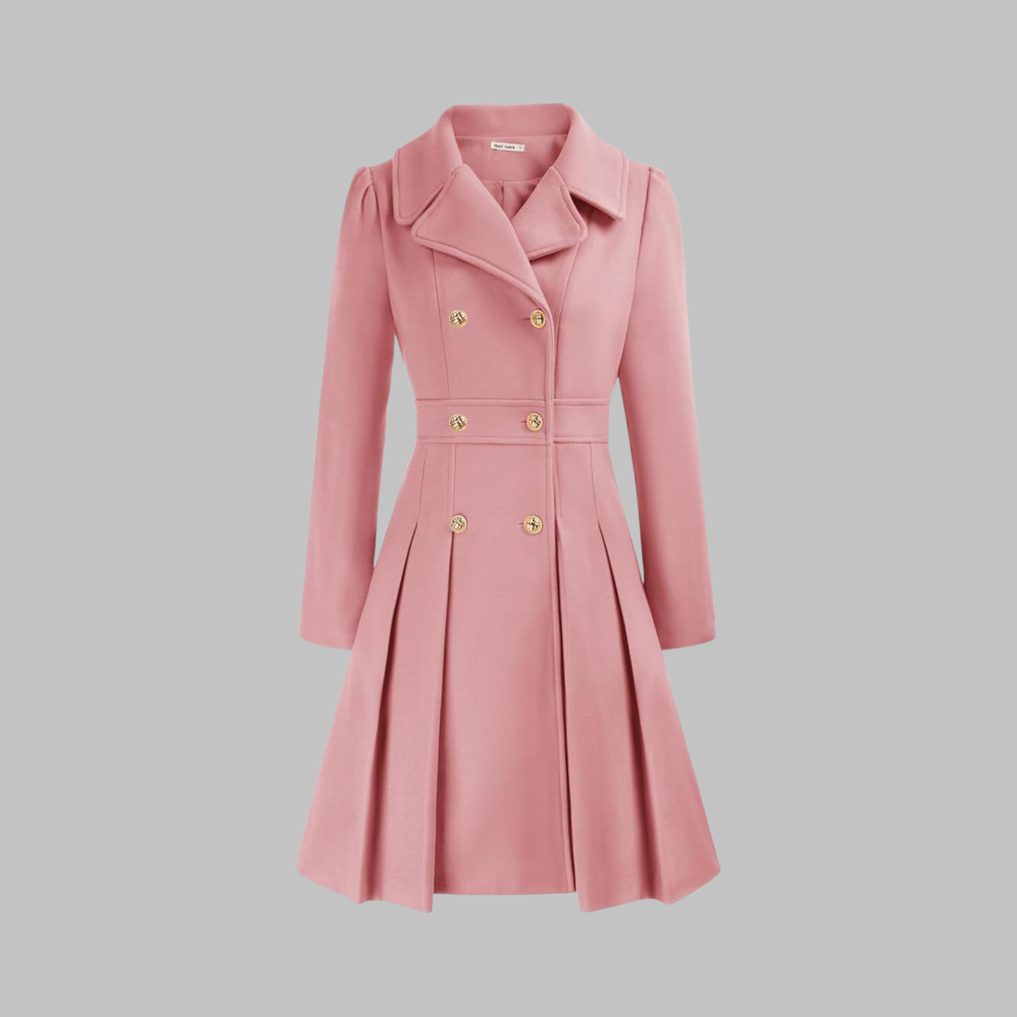 Women's camel double-breasted longline coat with tailored lines