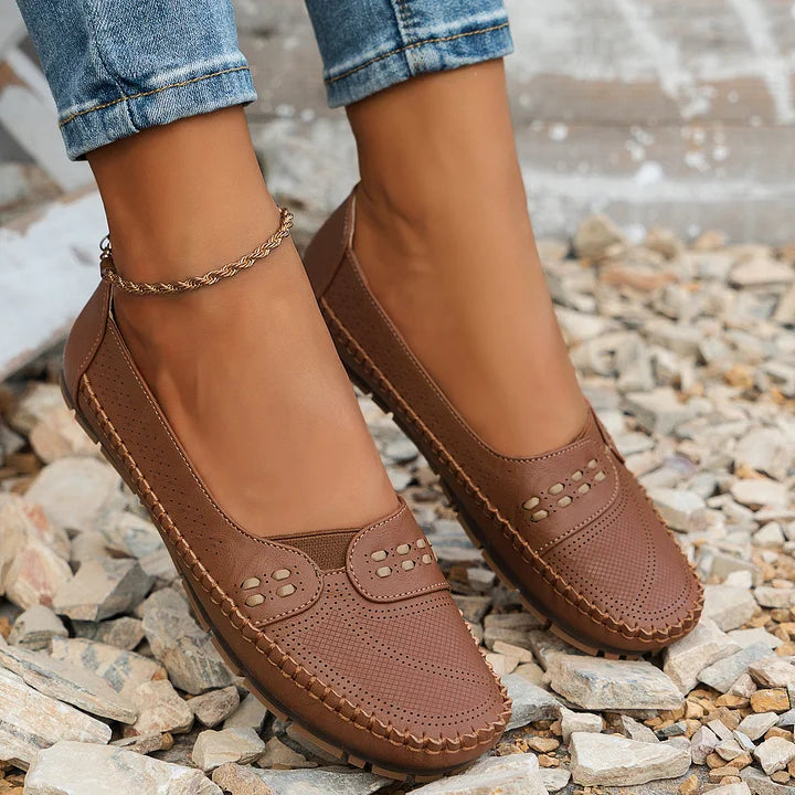 Close-up of rounded toe on casual slip-on shoes
