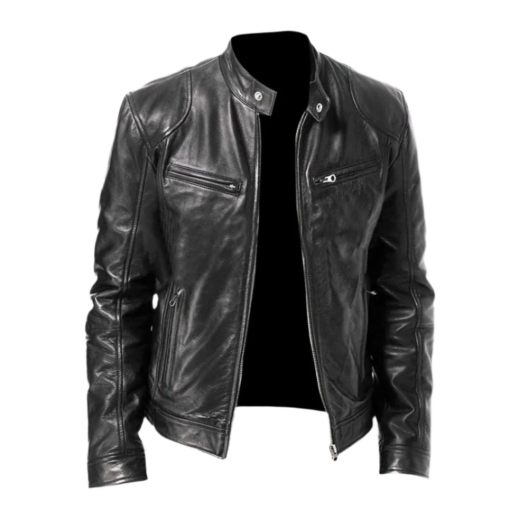 Men's black regular fit leather jacket for autumn