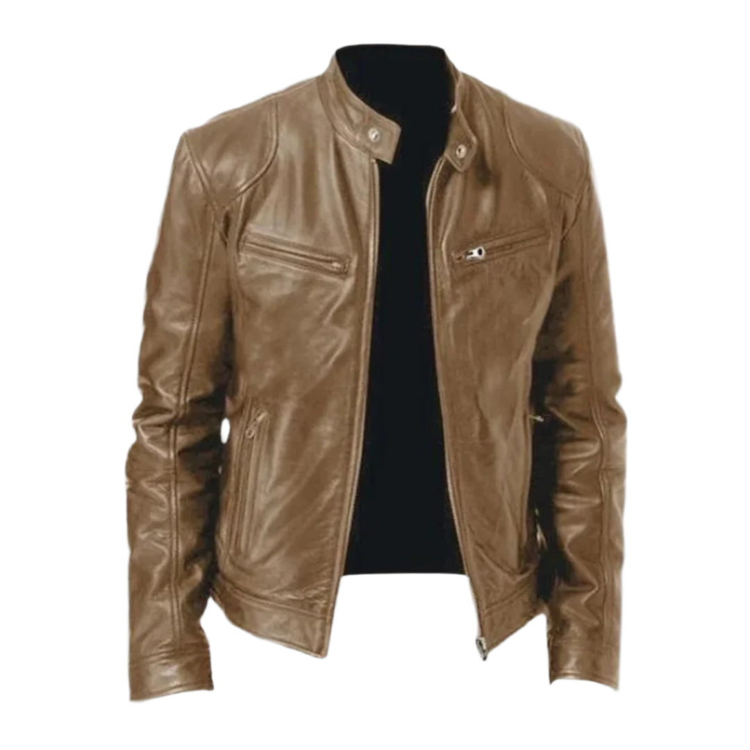 Men's black regular fit leather jacket for autumn