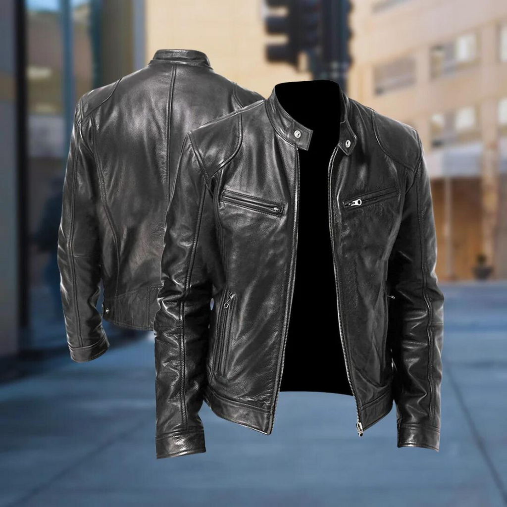 Men's black regular fit leather jacket for autumn