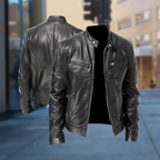 Men's black regular fit leather jacket for autumn