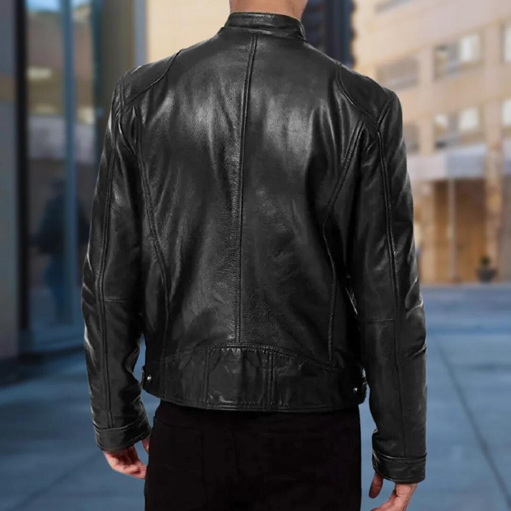 Men's black regular fit leather jacket for autumn