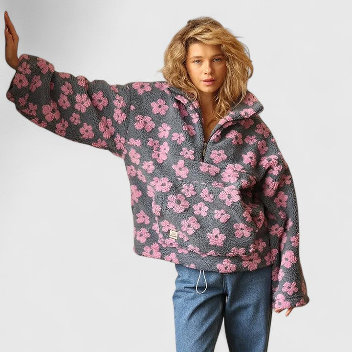 Women's Floral Print Sherpa Fleece Half-Zip Jumper With Front Pocket