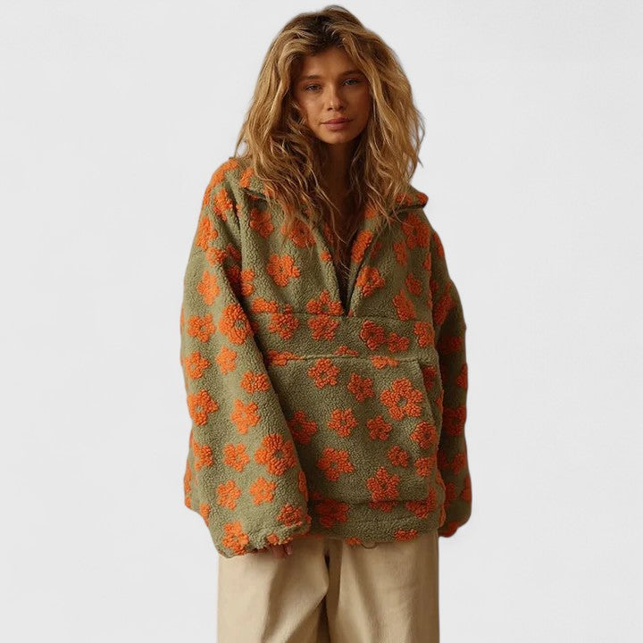 Women's Floral Print Sherpa Fleece Half-Zip Jumper With Front Pocket