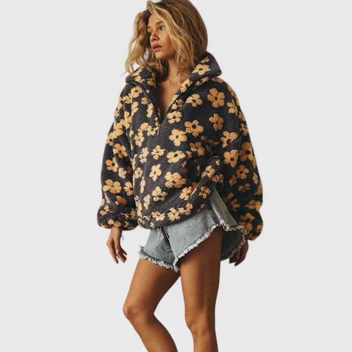 Women's Floral Print Sherpa Fleece Half-Zip Jumper With Front Pocket