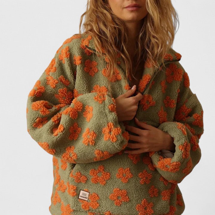 Women's Floral Print Sherpa Fleece Half-Zip Jumper With Front Pocket