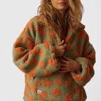Women's Floral Print Sherpa Fleece Half-Zip Jumper With Front Pocket