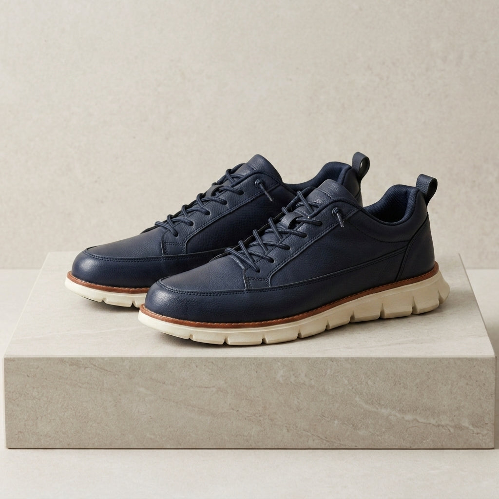 Midnight Navy men's faux leather casual trainers with a cushioned sole