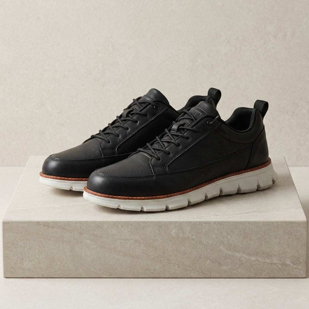 Midnight Navy men's faux leather casual trainers with a cushioned sole