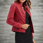 Red faux leather jacket for women with zipped pockets and regular fit
