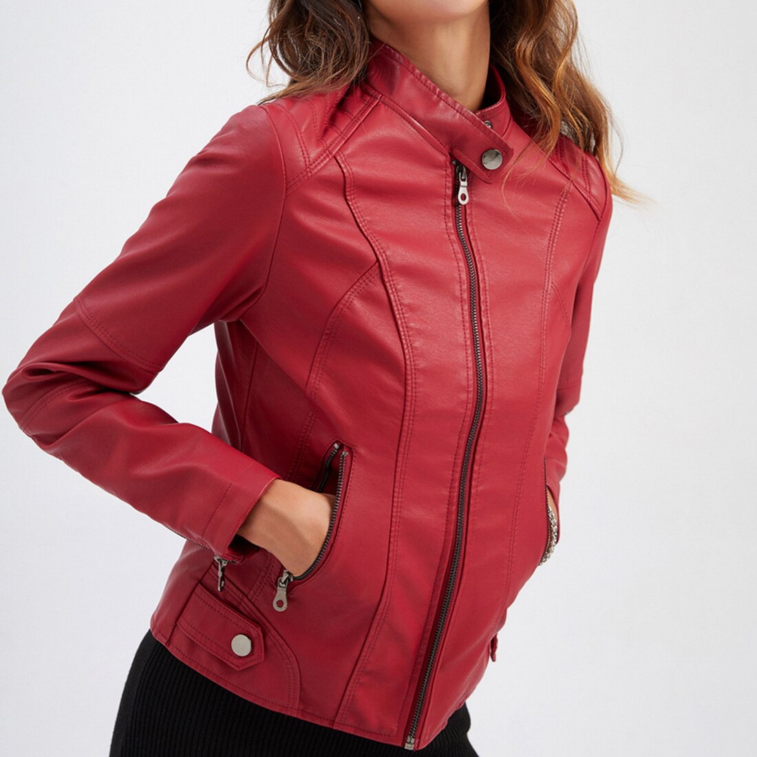 Red faux leather jacket for women with zipped pockets and regular fit