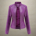 Brown faux leather jacket for women with zipped pockets and regular fit