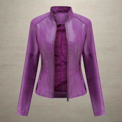 Brown leather biker jacket for women with zipped pockets