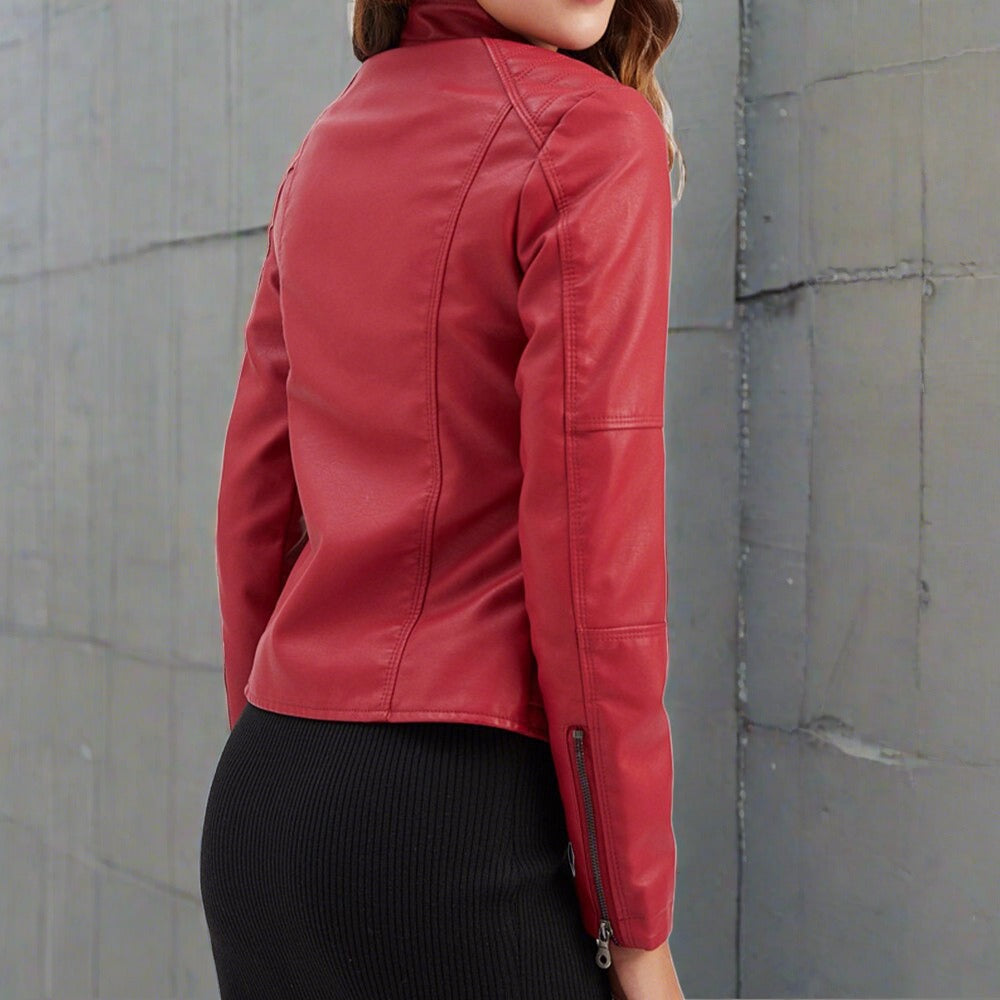 Red leather biker jacket for women with zipped pockets