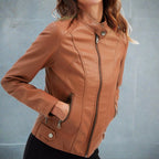 Red leather biker jacket for women with zipped pockets