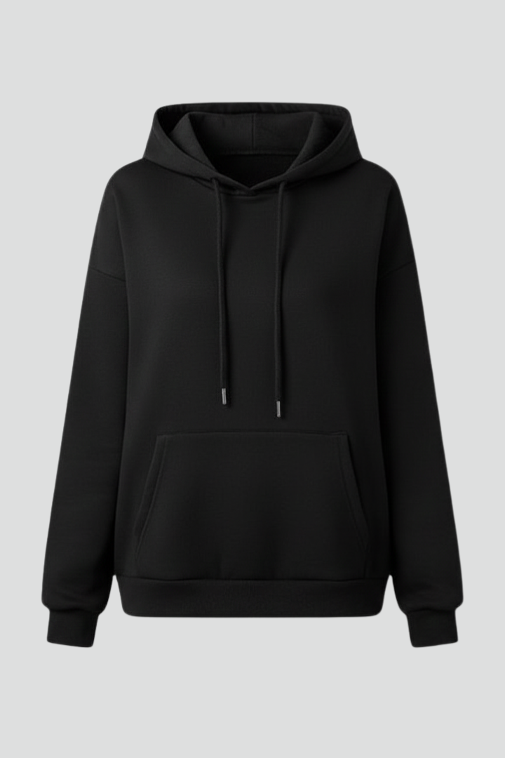 Women's Black Pullover Hoodie with Drawstring Hood and Kangaroo Pocket