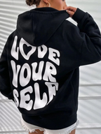 Women's Black Graphic Print Hoodie for Everyday Autumn Comfort