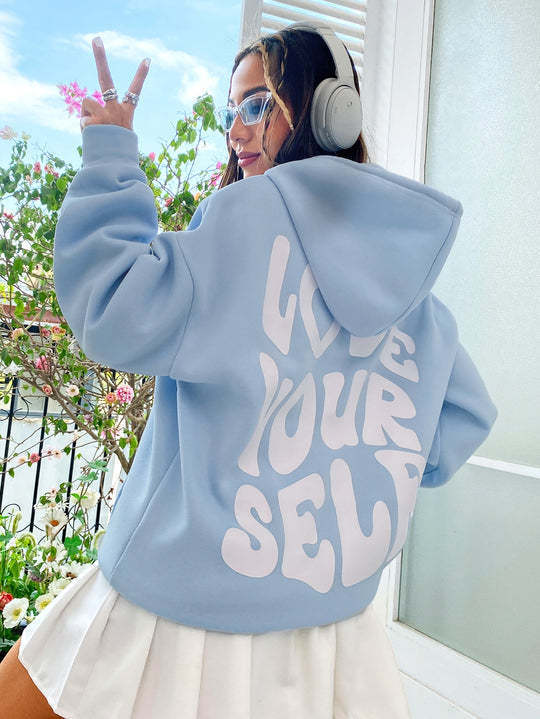 Women's Blue Graphic Print Hoodie for Everyday Autumn Comfort