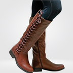 Women's black knee high boots with a block heel in faux leather