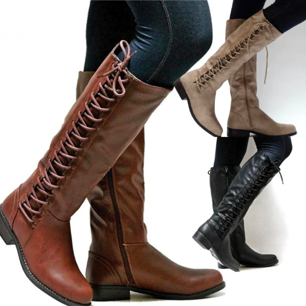Women's black knee high boots with a block heel in faux leather