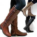 Women's black knee high boots with a block heel in faux leather