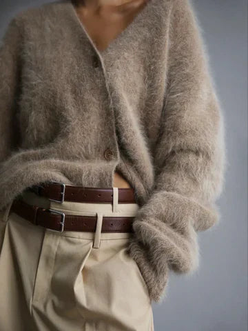Beige cashmere cardigan with a relaxed, loose fit for layering
