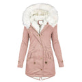 Women's Pink Parka-Style Faux Fur Hood Drawstring Autumn Long Coat