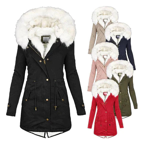 Women's Red Parka-Style Faux Fur Hood Drawstring Autumn Long Coat