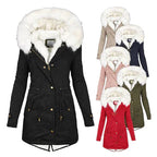Women's Red Parka-Style Faux Fur Hood Drawstring Autumn Long Coat