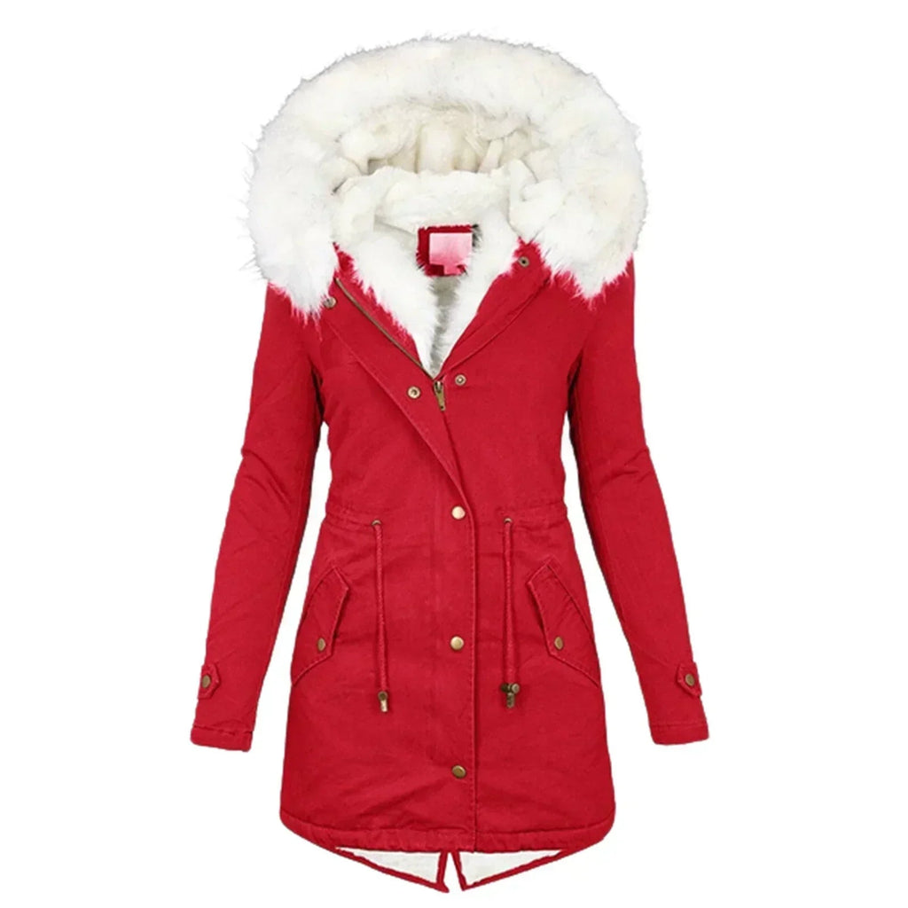 Women's Beige Parka-Style Faux Fur Hood Drawstring Autumn Long Coat