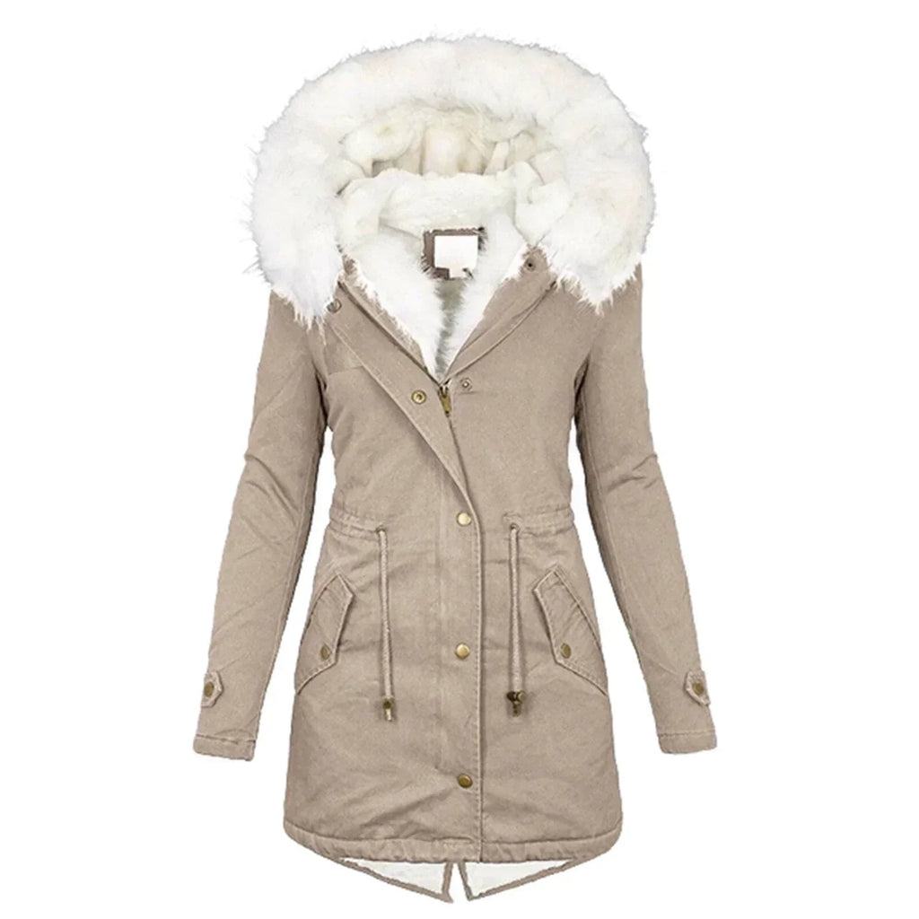 Women's Black Parka-Style Faux Fur Hood Drawstring Autumn Long Coat