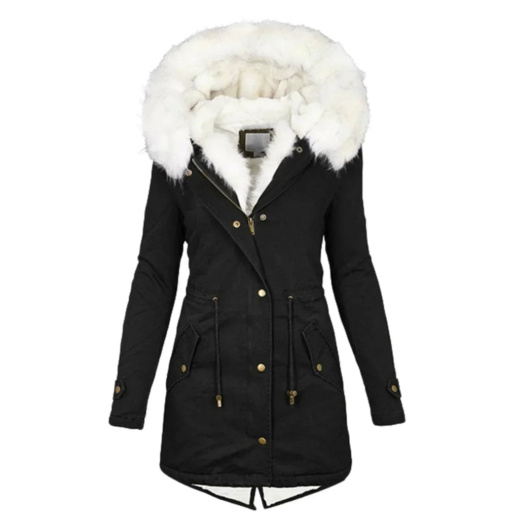 Women's Blue Parka-Style Faux Fur Hood Drawstring Autumn Long Coat
