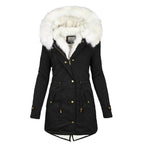 Women's Blue Parka-Style Faux Fur Hood Drawstring Autumn Long Coat