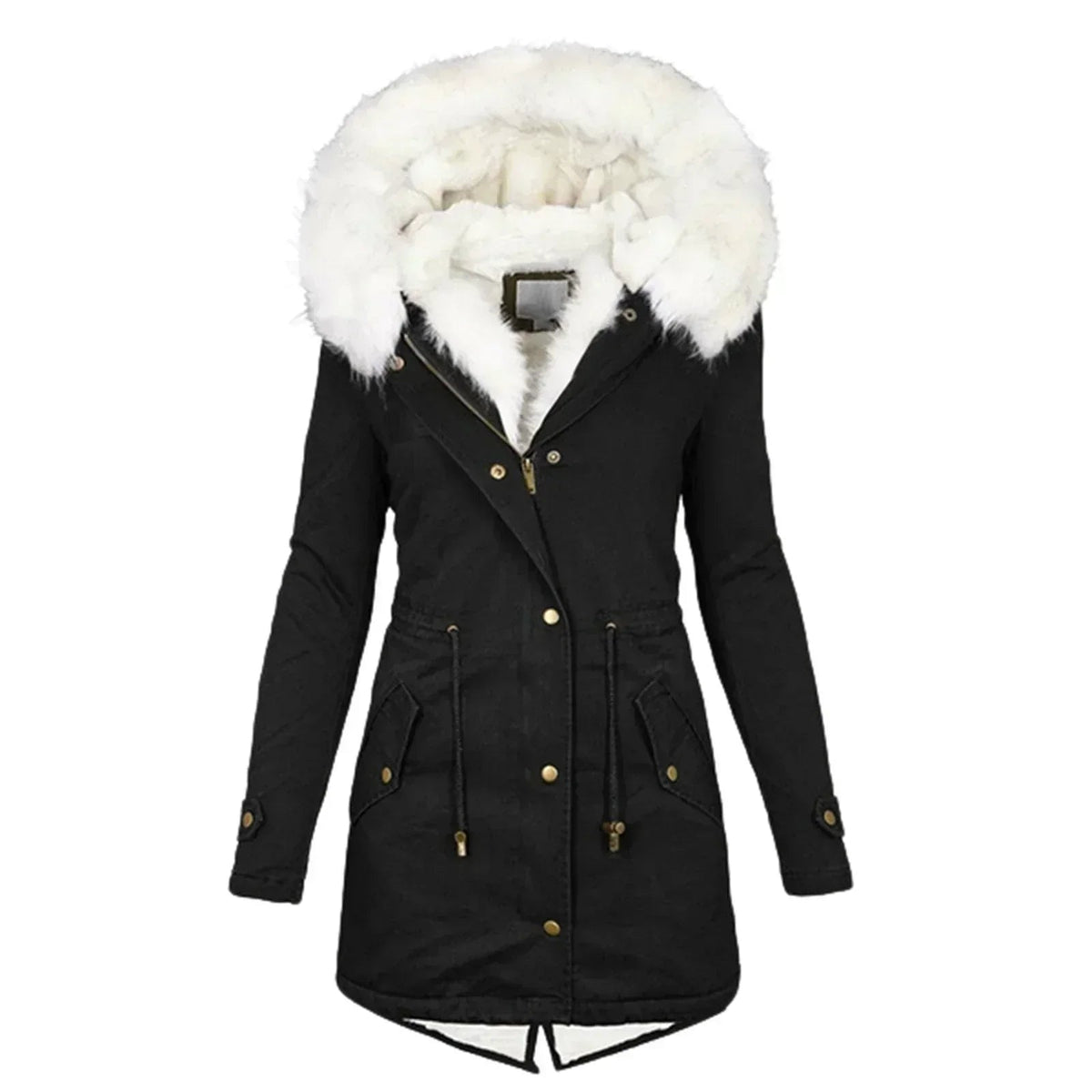 Women's Blue Parka-Style Faux Fur Hood Drawstring Autumn Long Coat