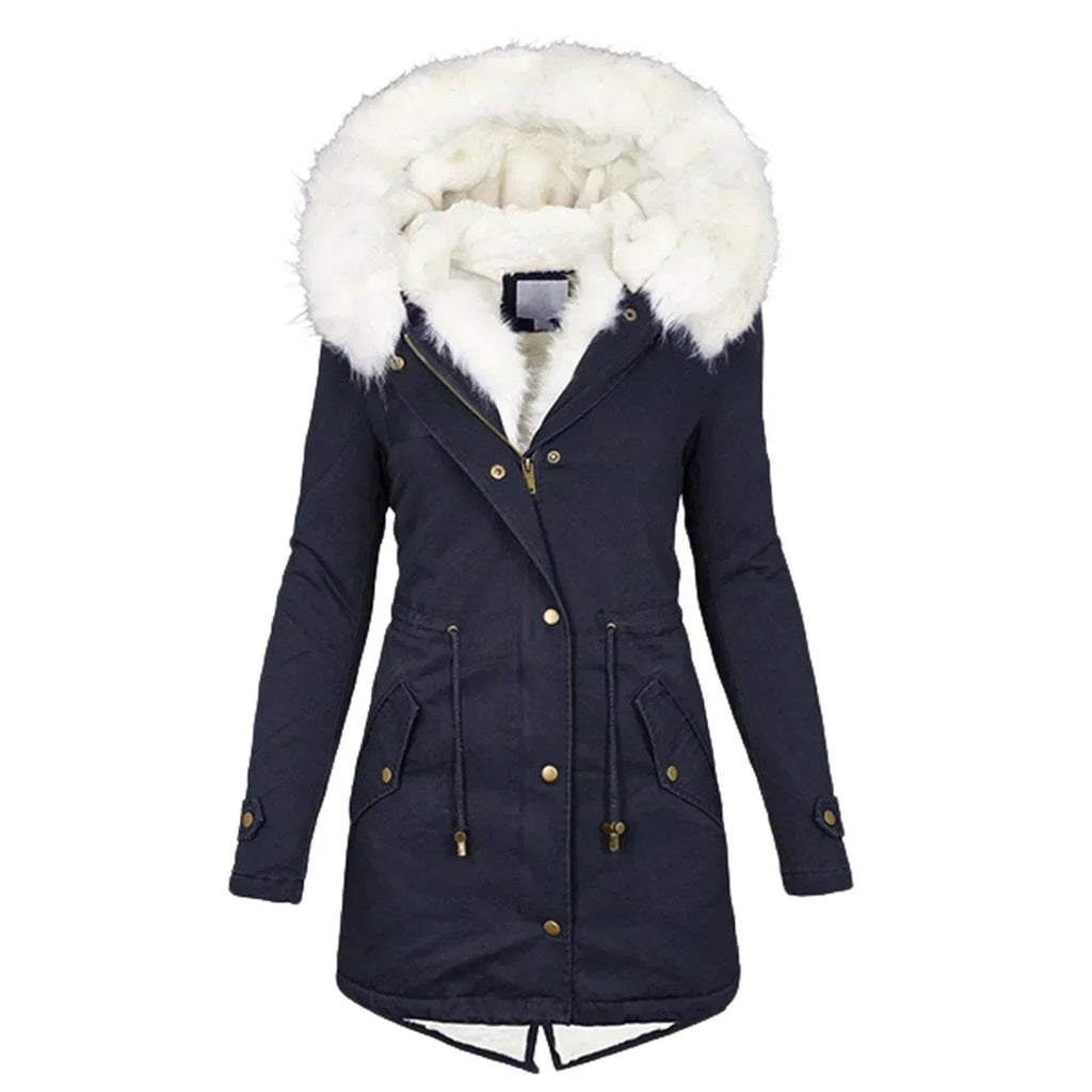 Women's Green Parka-Style Faux Fur Hood Drawstring Autumn Long Coat