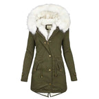 Women's Green Parka-Style Faux Fur Hood Drawstring Autumn Long Coat