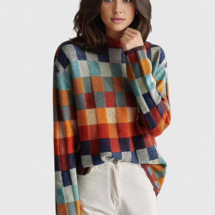 Women's Checked Colour Block Knit Jumper with Mock Neck