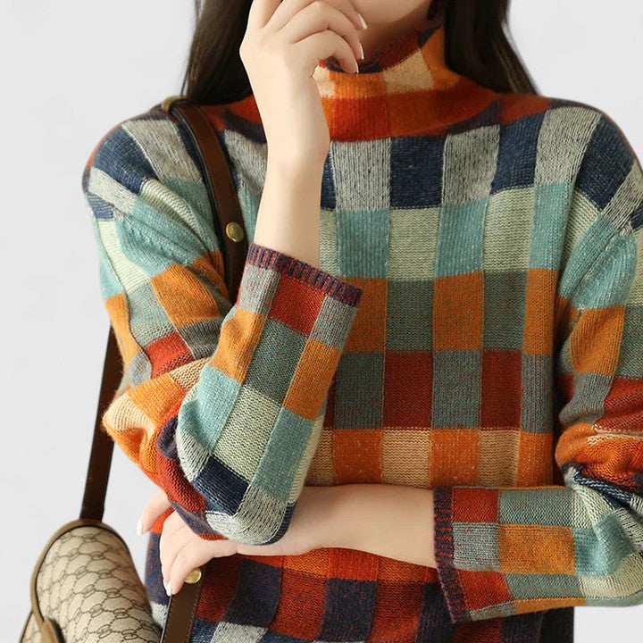 Women's Checked Colour Block Knit Jumper with Mock Neck
